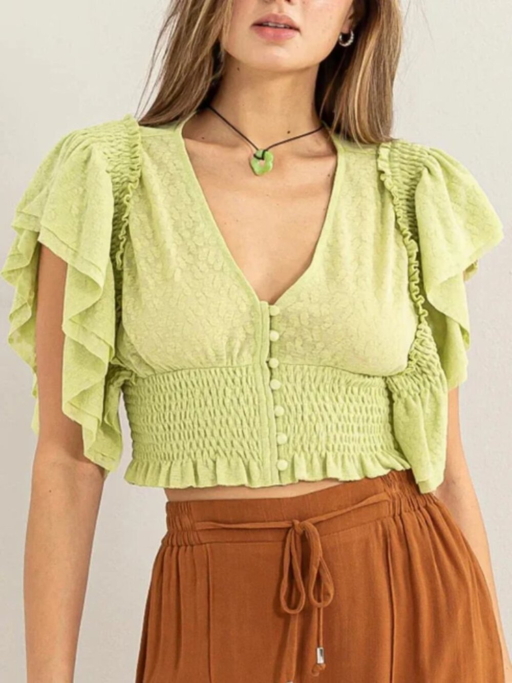 Green Ruffle Flutter Sleeve Sheer Lace Smocked Crop Top